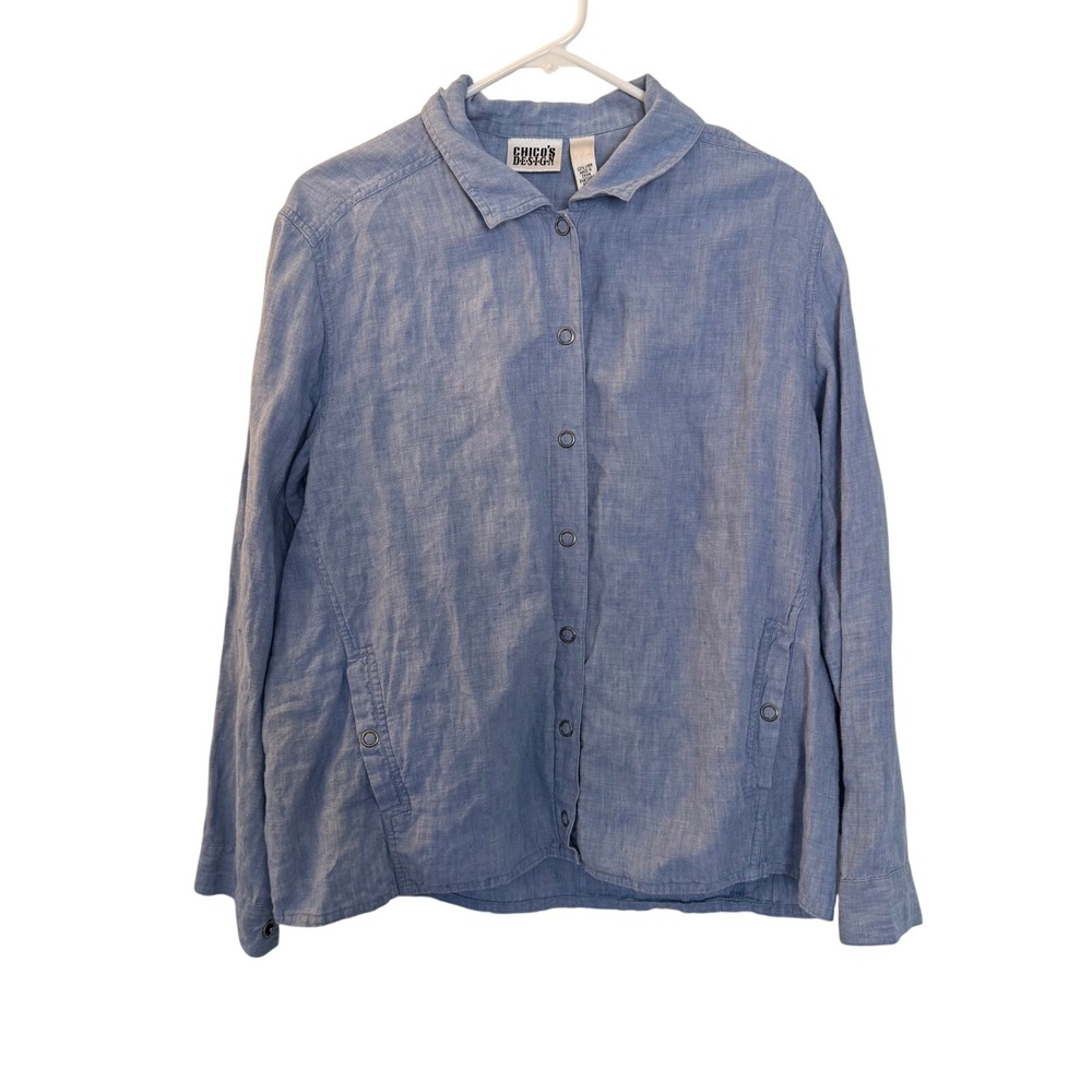 Chicos Design Blue 100% Linen Snap Front Shirt Jacket Pockets Womens Size 2 L